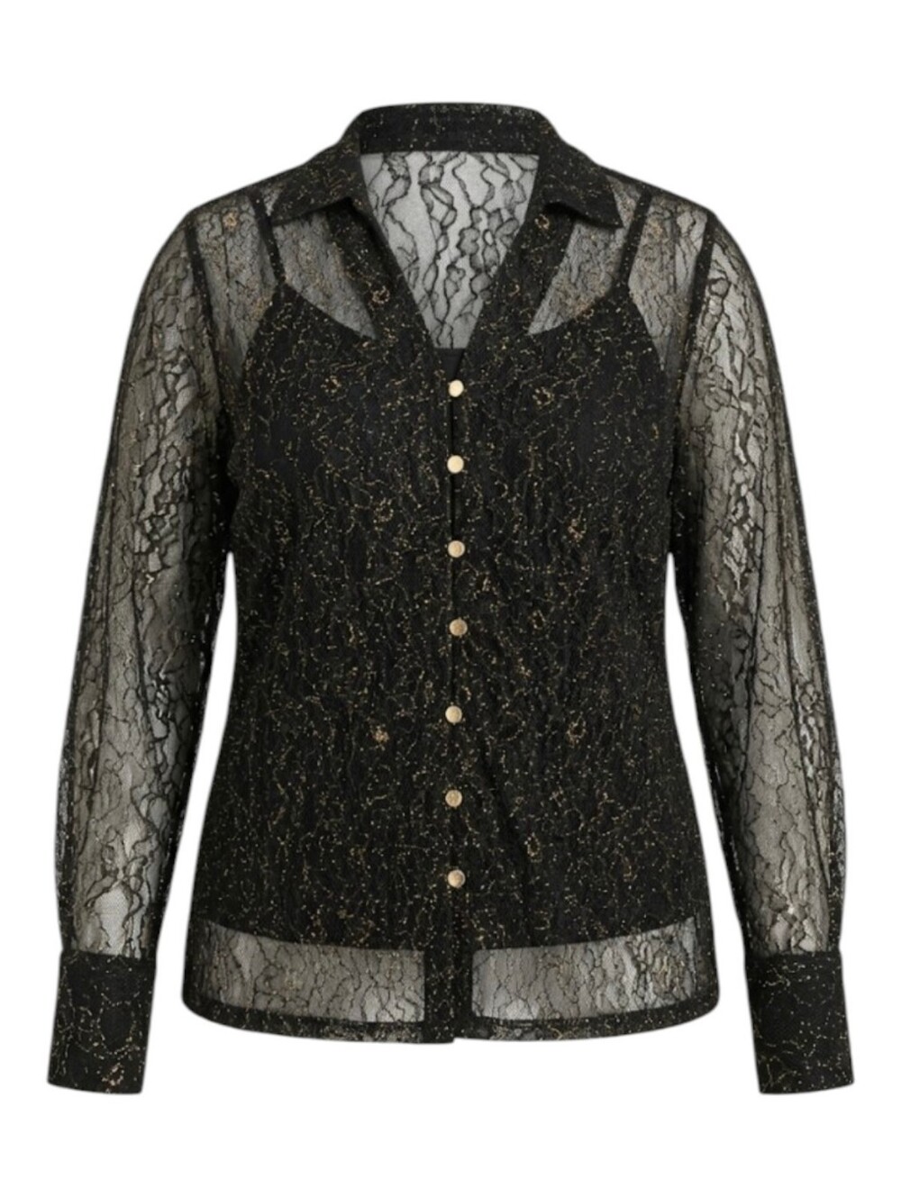 NEW Devoted Plus Size Sheer Metallic Gold & Black Lace Button-Down Blouse